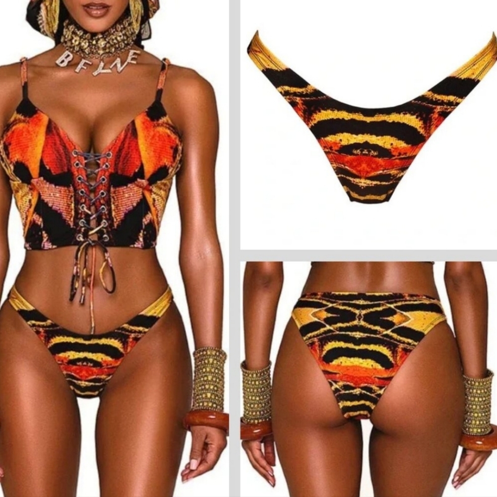 New BFYNE Amila Black Yellow Orange Animal Print Bikini Bottom S, L, XXL
